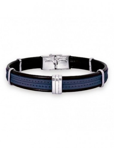 Bracelet acier cuir noir/bleu marine