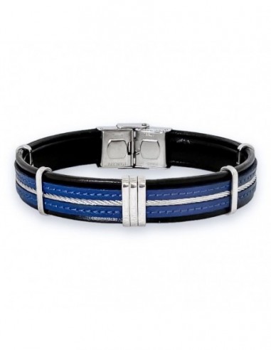 Bracelet acier cuir bleu marine cable