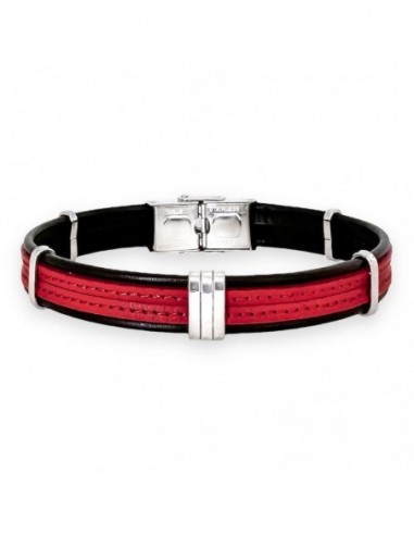 Bracelet acier cuir noir/rouge